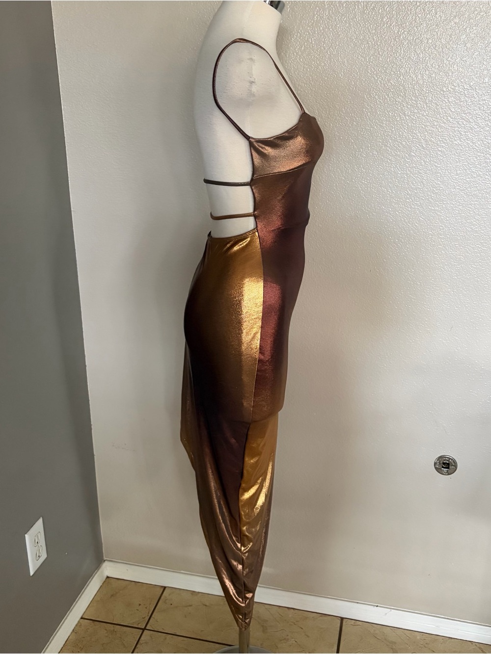 Lovely Day Metallic Bronze-Gold Asymmetrical Slip Dress - Picture 8 of 11